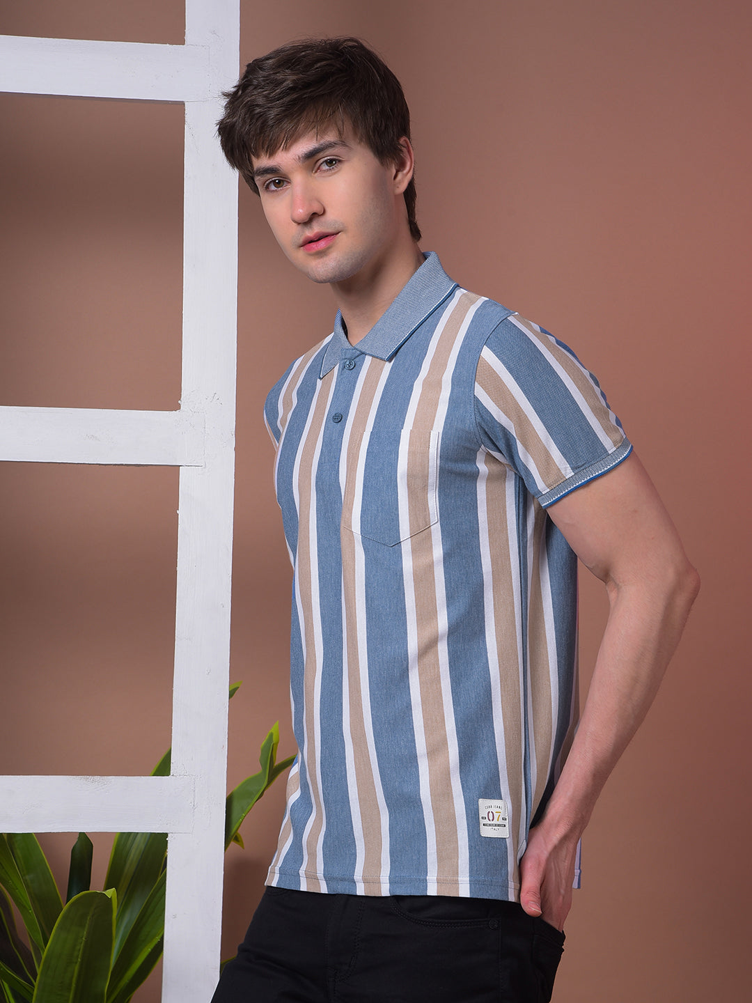 COBB BLUE STRIPED POLO NECK T-SHIRT