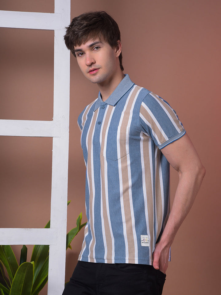 COBB BLUE STRIPED POLO NECK T-SHIRT