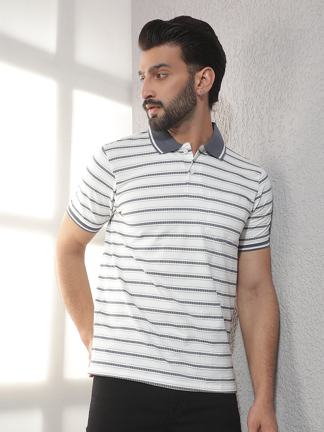 cobb cream striped polo neck t-shirt