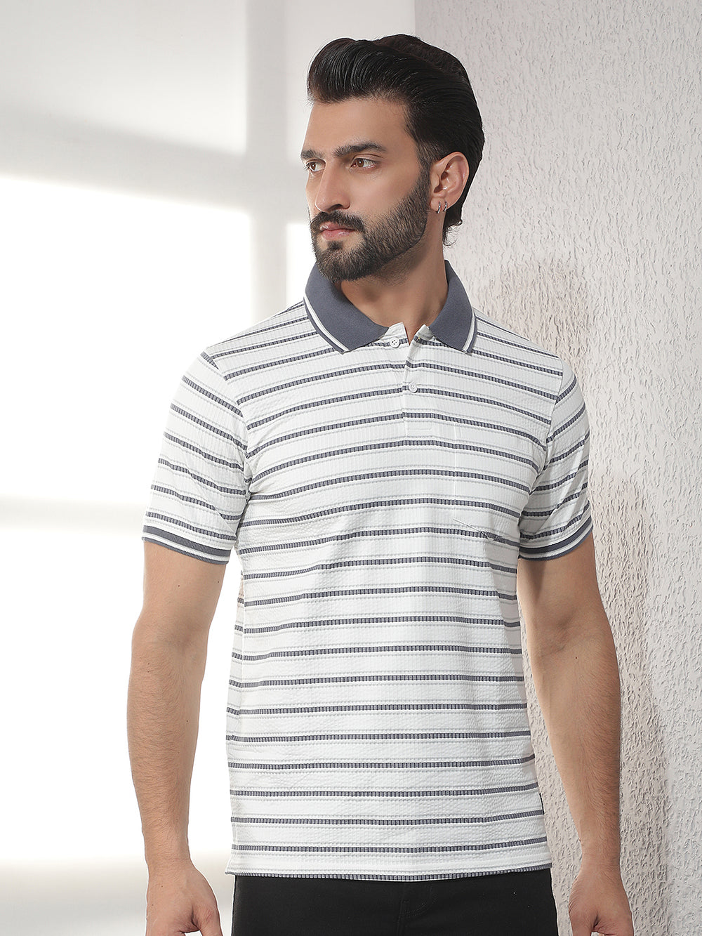 cobb cream striped polo neck t-shirt