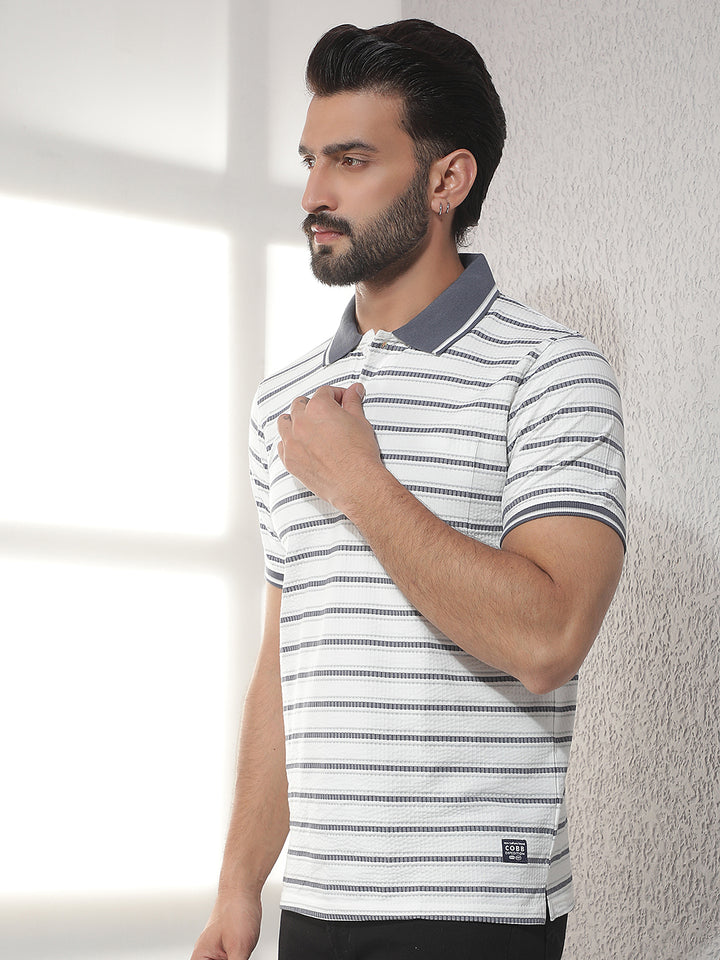 cobb cream striped polo neck t-shirt