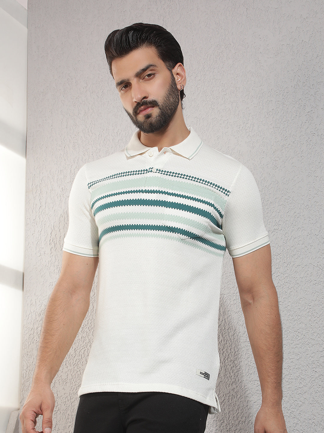 cobb cream striped polo neck t-shirt
