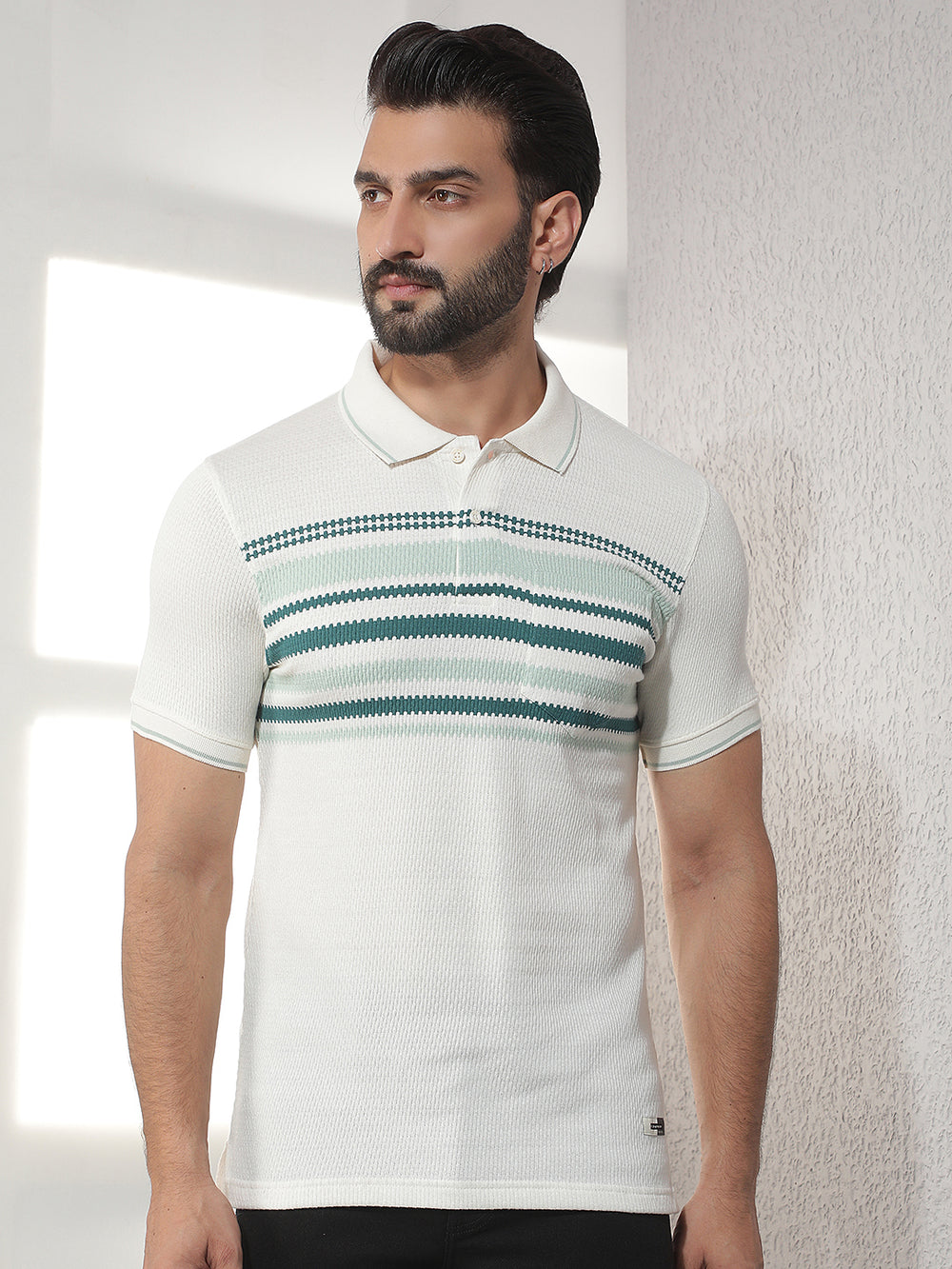 cobb cream striped polo neck t-shirt