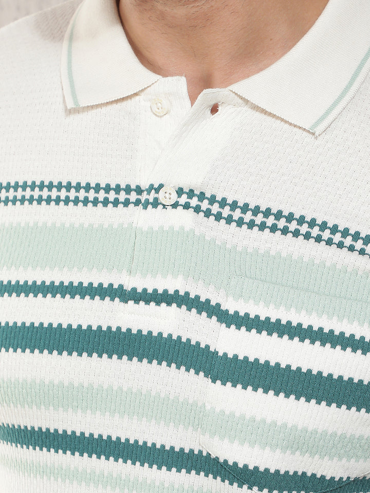 COBB CREAM STRIPED POLO NECK T-SHIRT