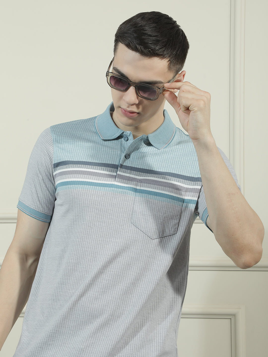 cobb light grey striped polo neck t-shirt