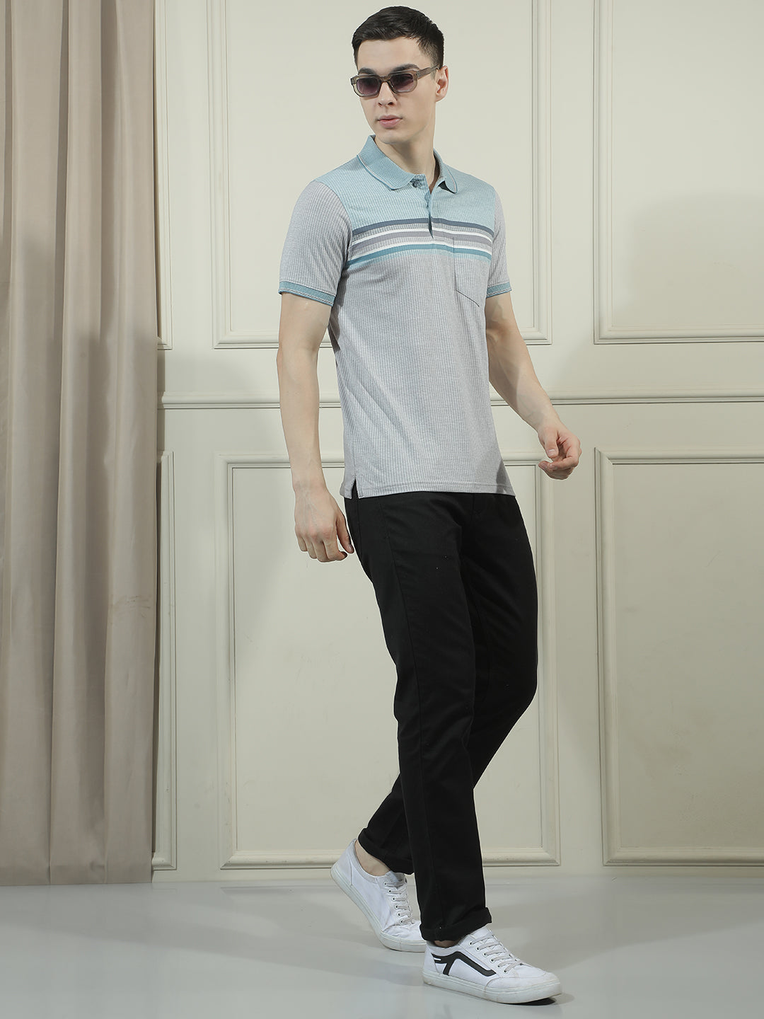 COBB LIGHT GREY STRIPED POLO NECK T-SHIRT