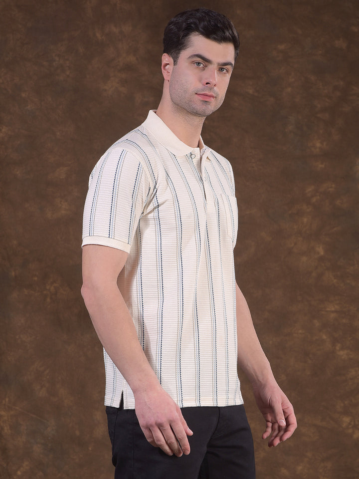 COBB CREAM STRIPED POLO NECK T-SHIRT