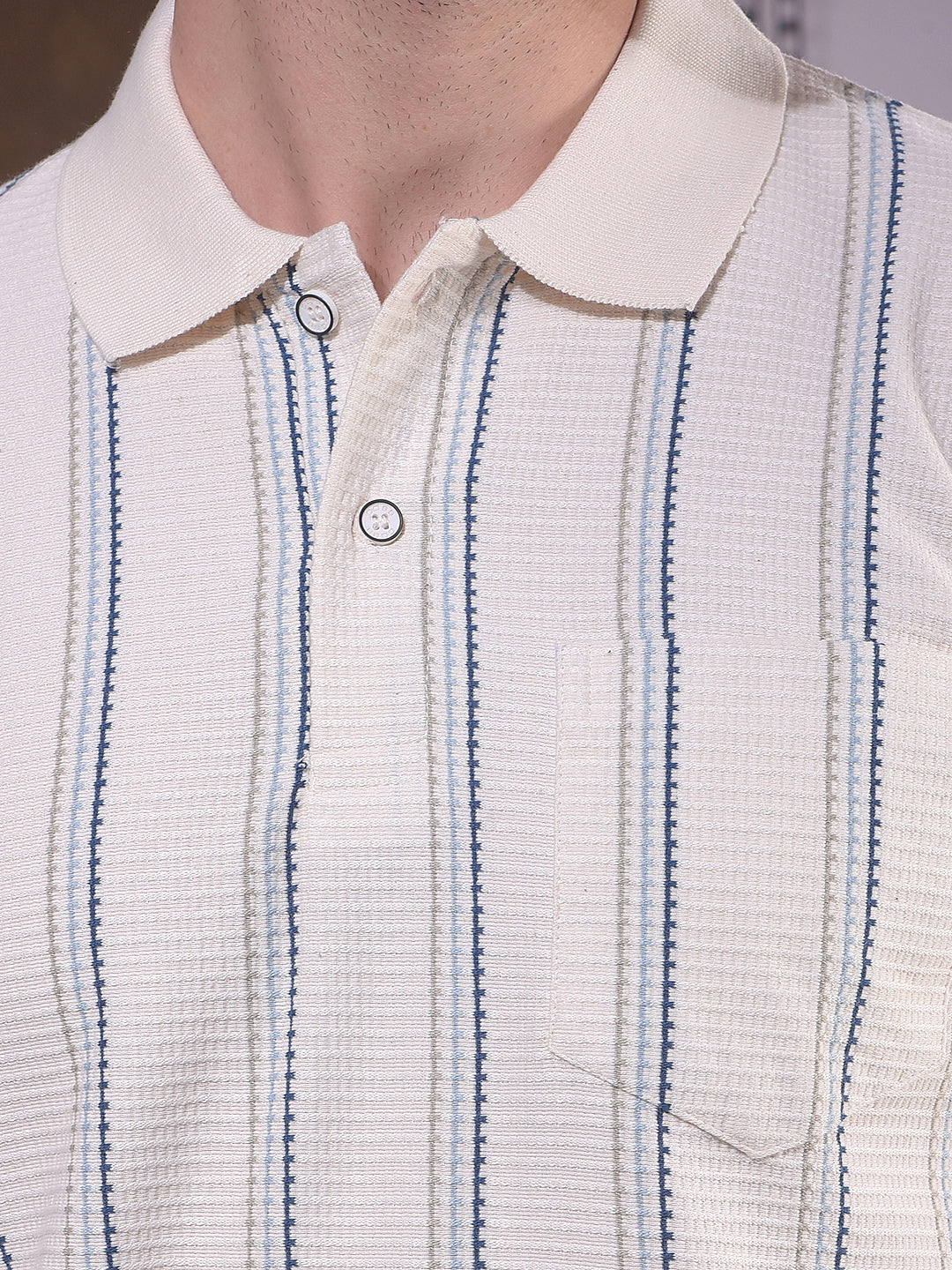 COBB CREAM STRIPED POLO NECK T-SHIRT
