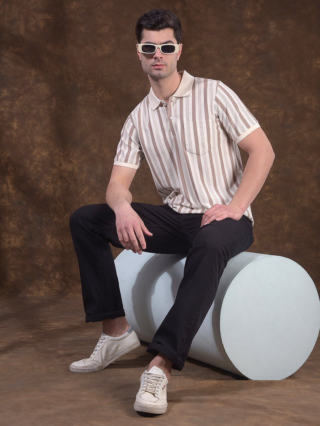 COBB BEIGE STRIPED POLO NECK T-SHIRT
