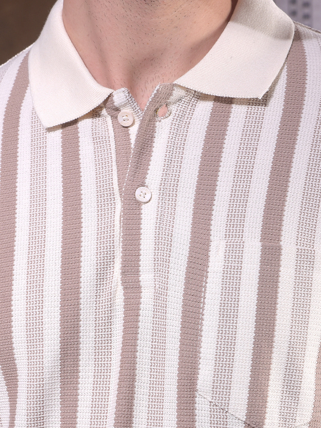 COBB BEIGE STRIPED POLO NECK T-SHIRT