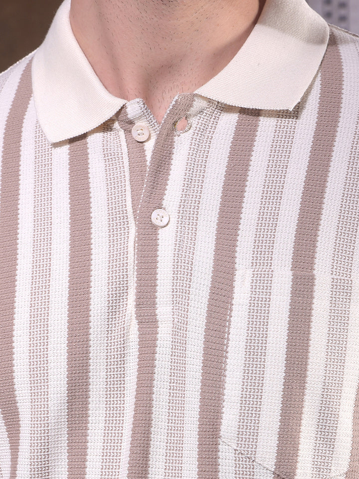 COBB BEIGE STRIPED POLO NECK T-SHIRT