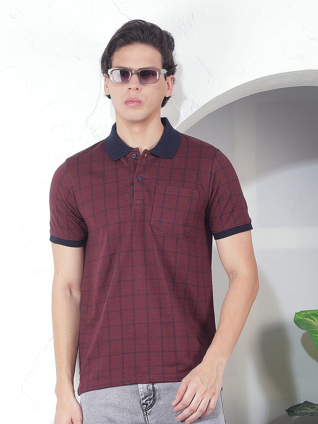 wine checked polo t-shirt