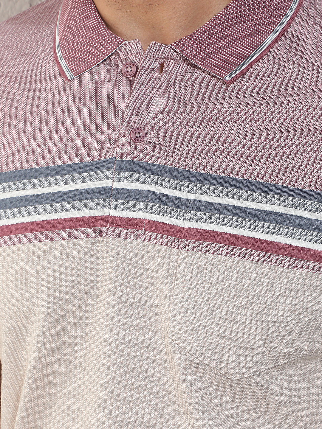 COBB MAUVE STRIPED POLO NECK T-SHIRT