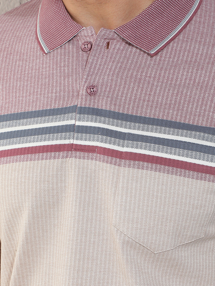 COBB MAUVE STRIPED POLO NECK T-SHIRT