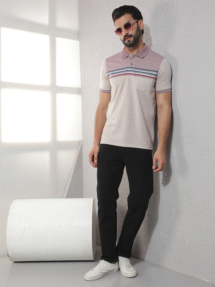 COBB MAUVE STRIPED POLO NECK T-SHIRT