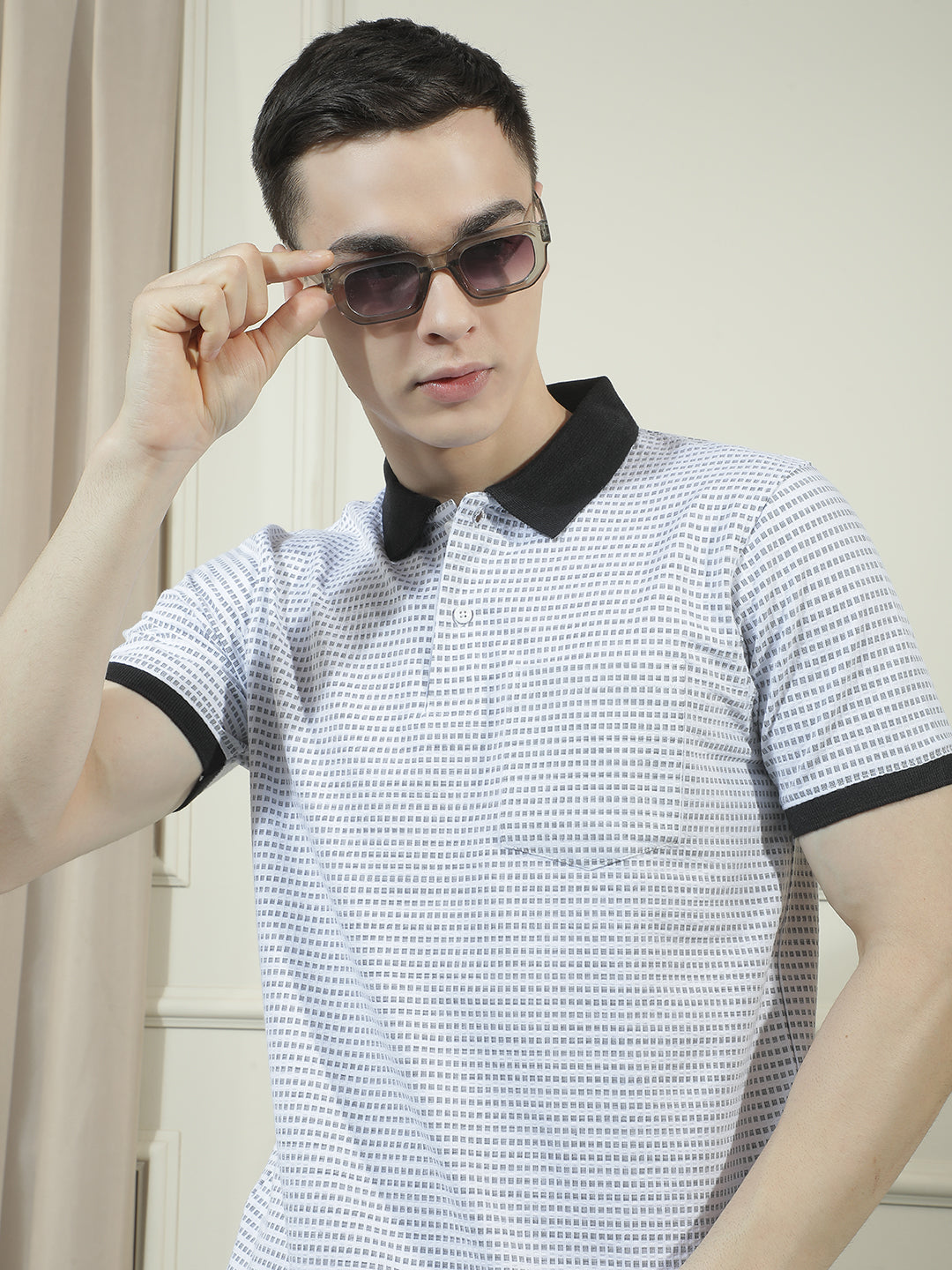 cobb white micro ditsy print polo neck t-shirt