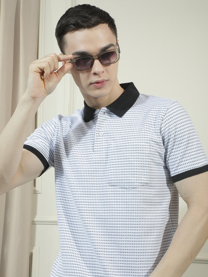 cobb white micro ditsy print polo neck t-shirt