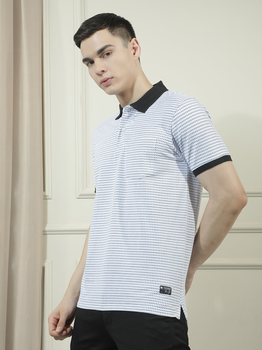cobb white micro ditsy print polo neck t-shirt