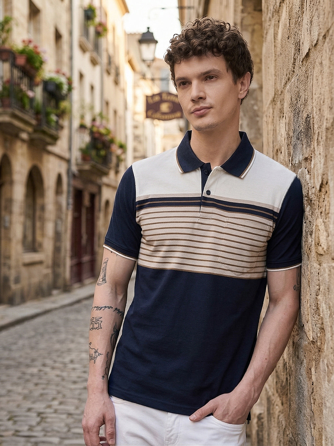 cobb navy blue color-block polo neck t-shirt