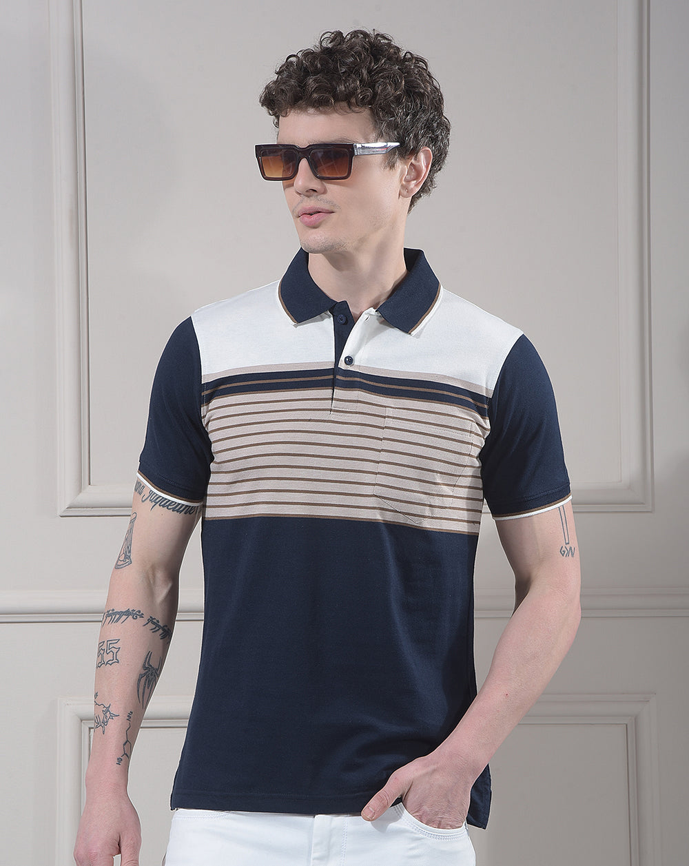 cobb navy blue color-block polo neck t-shirt