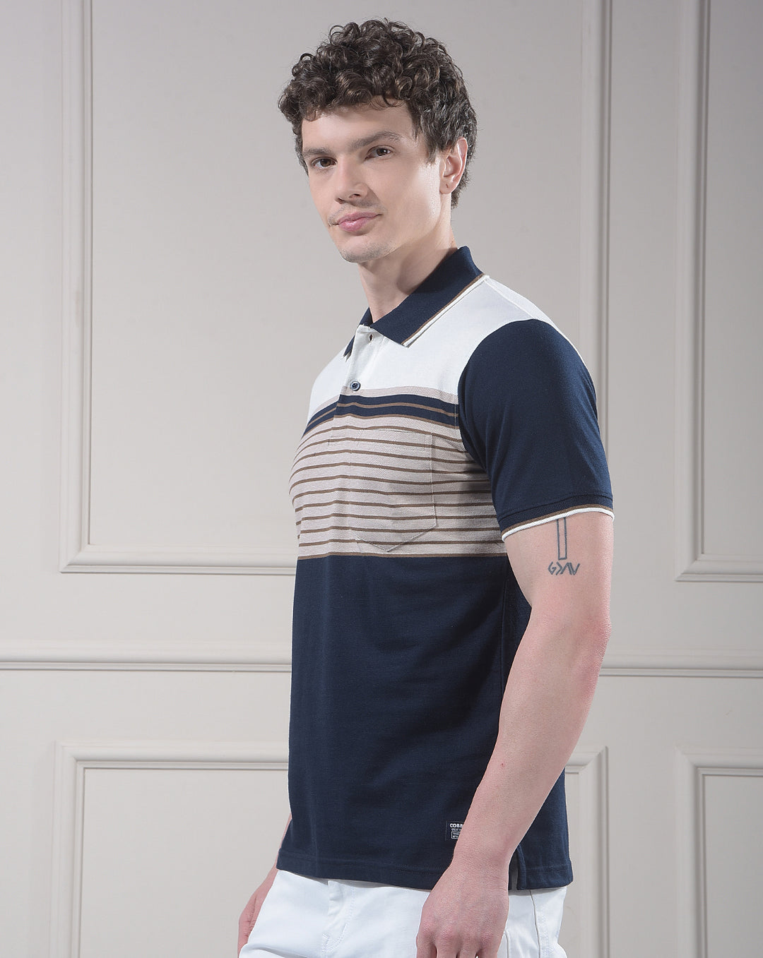 cobb navy blue color-block polo neck t-shirt