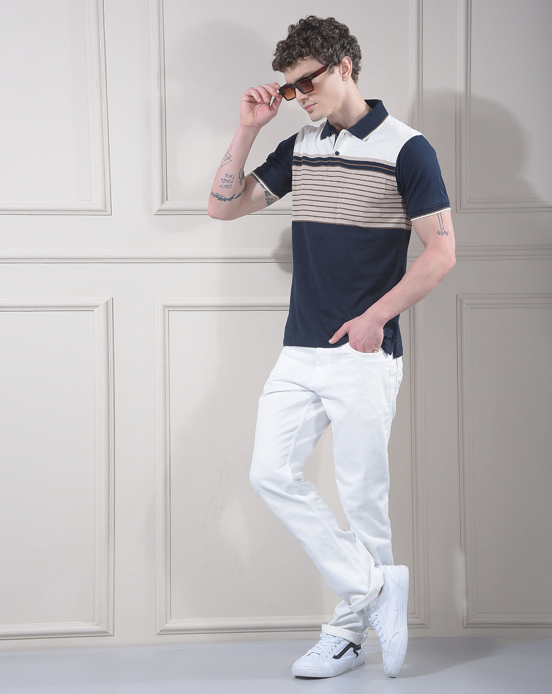 COBB NAVY BLUE COLOR-BLOCK POLO NECK T-SHIRT