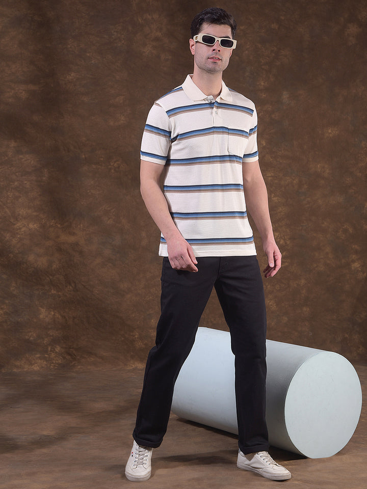 COBB BEIGE STRIPED POLO NECK T-SHIRT