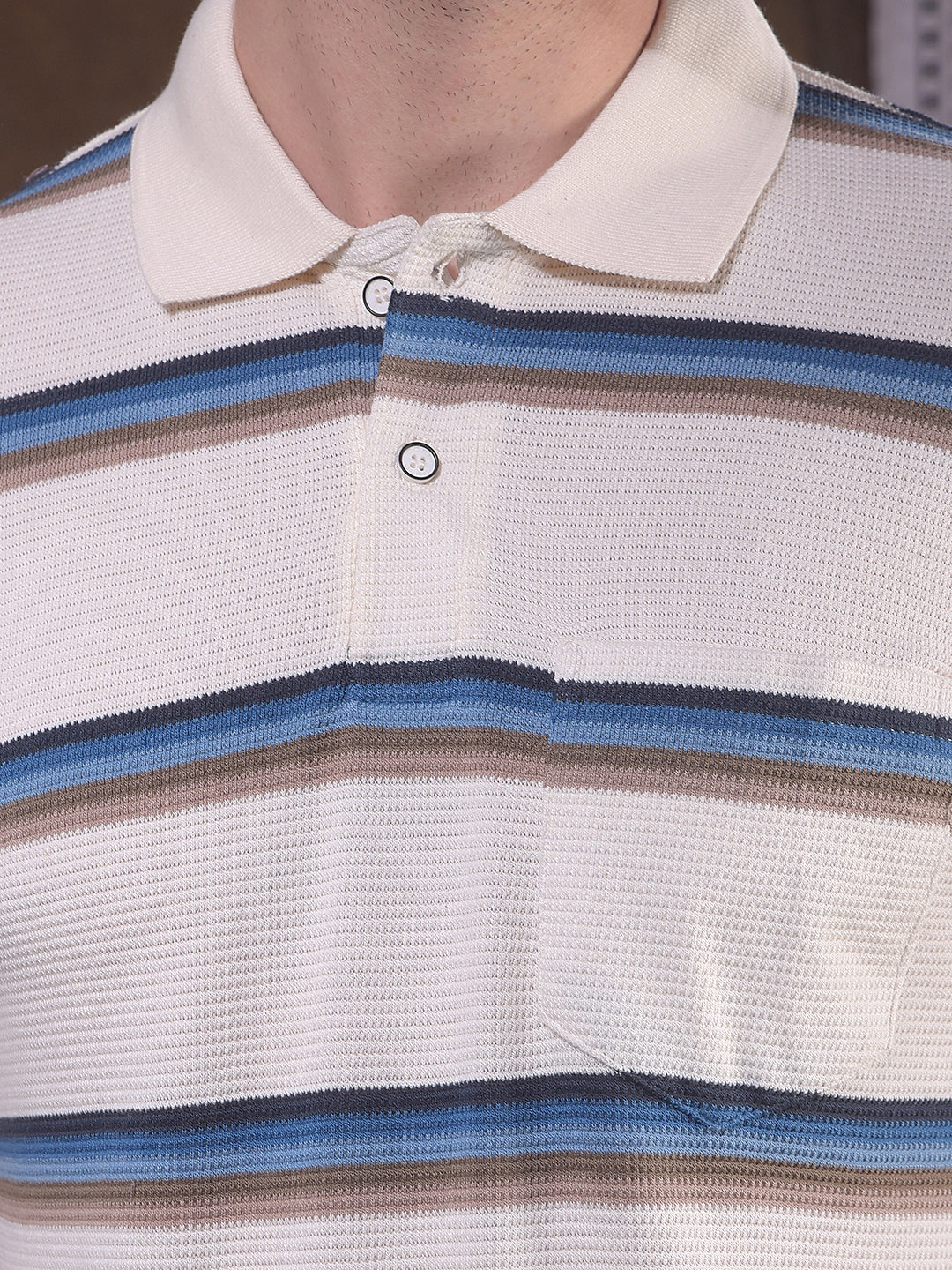 COBB BEIGE STRIPED POLO NECK T-SHIRT