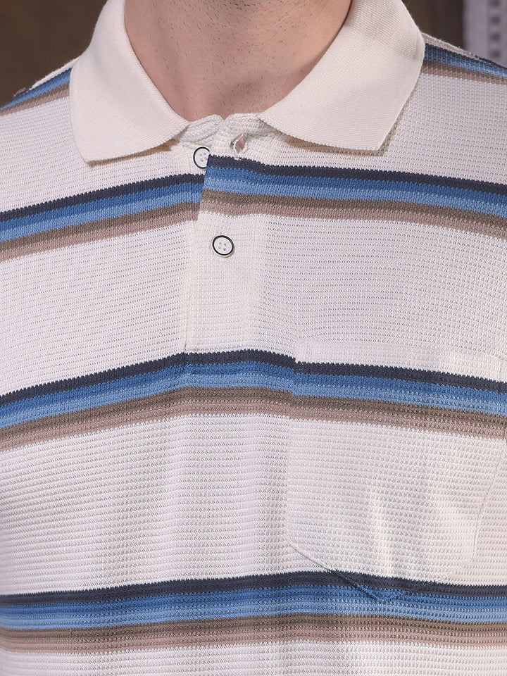 COBB BEIGE STRIPED POLO NECK T-SHIRT