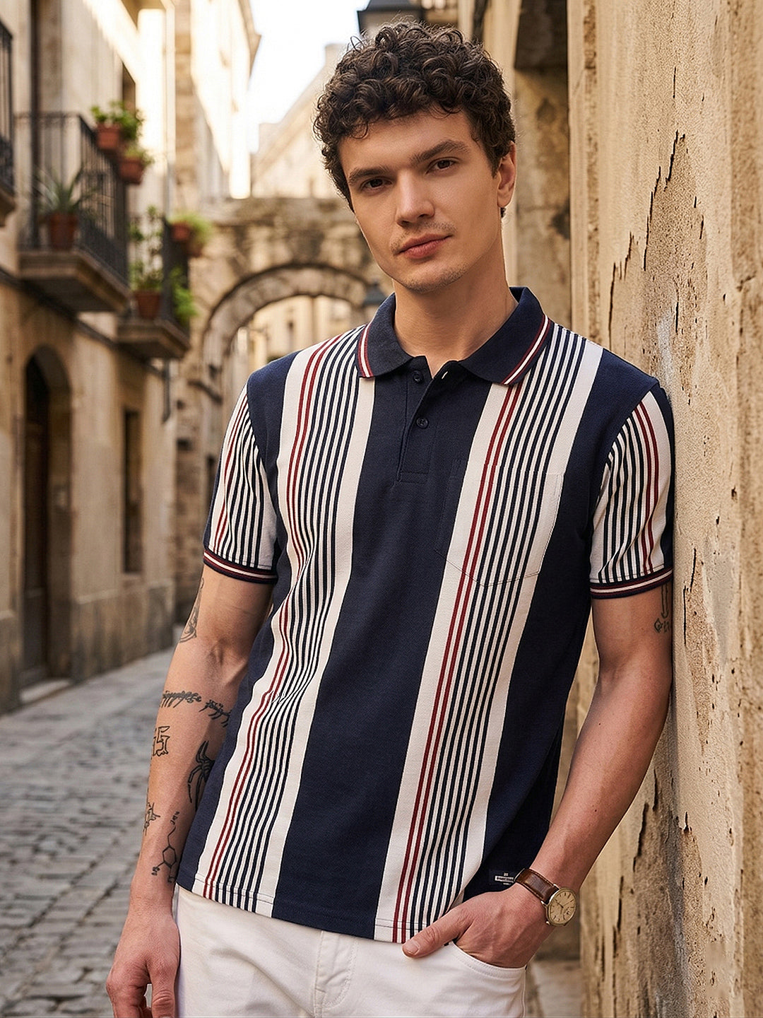 cobb navy blue color-block polo neck t-shirt