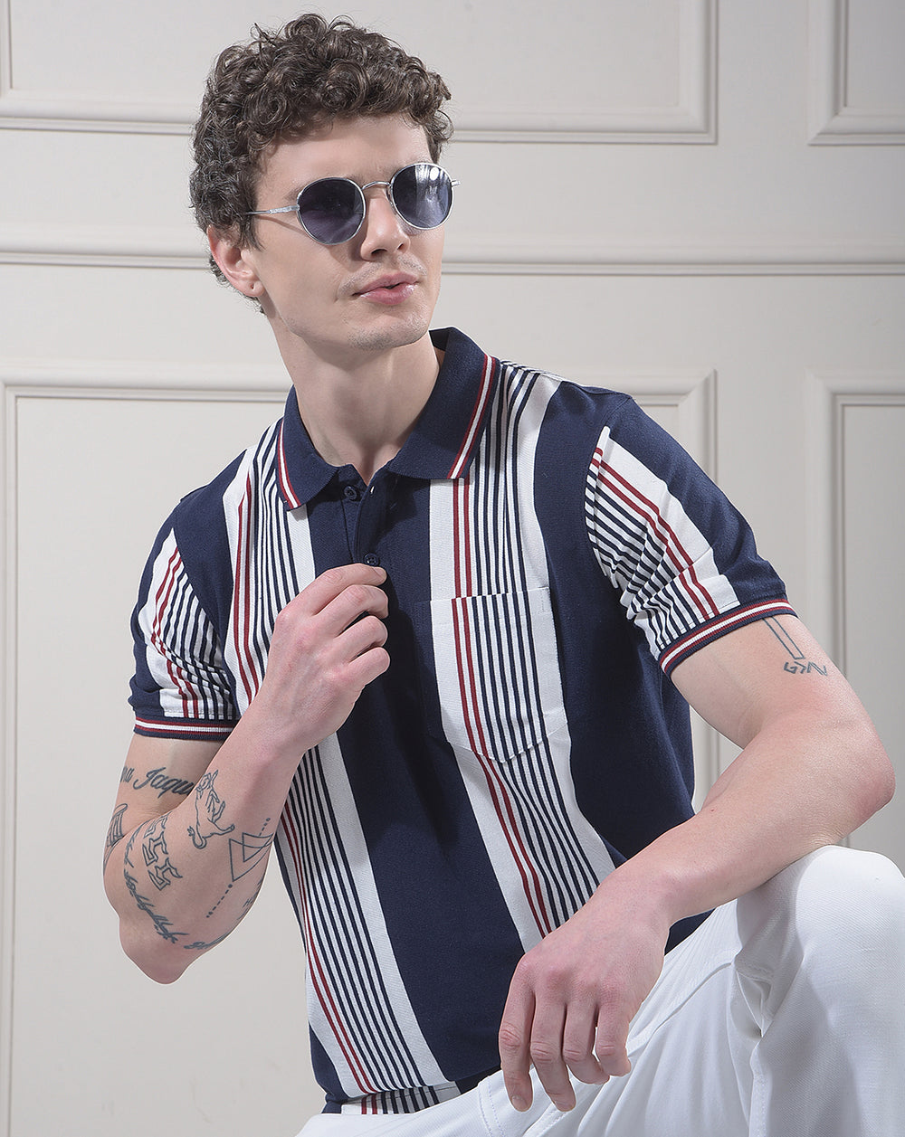 cobb navy blue color-block polo neck t-shirt