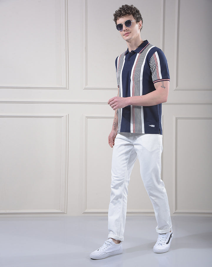 COBB NAVY BLUE COLOR-BLOCK POLO NECK T-SHIRT