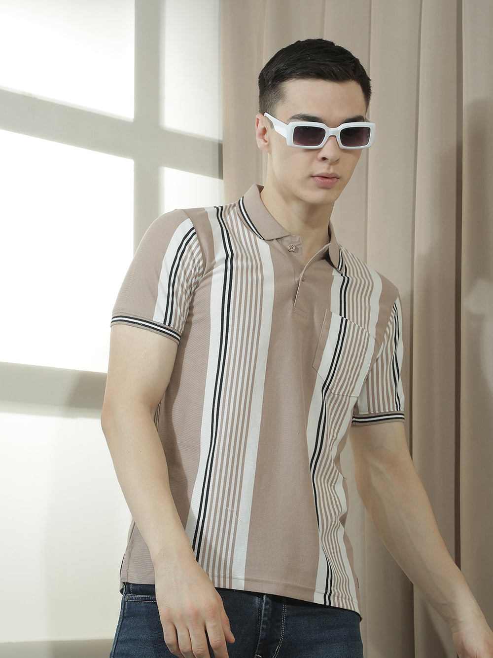 cobb beige striped polo neck t-shirt