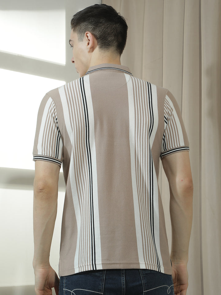 cobb beige striped polo neck t-shirt