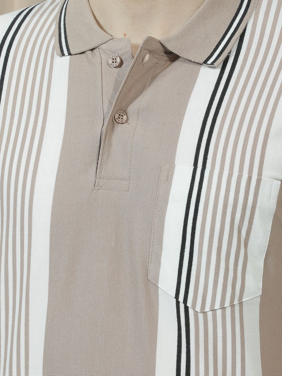 COBB BEIGE STRIPED POLO NECK T-SHIRT