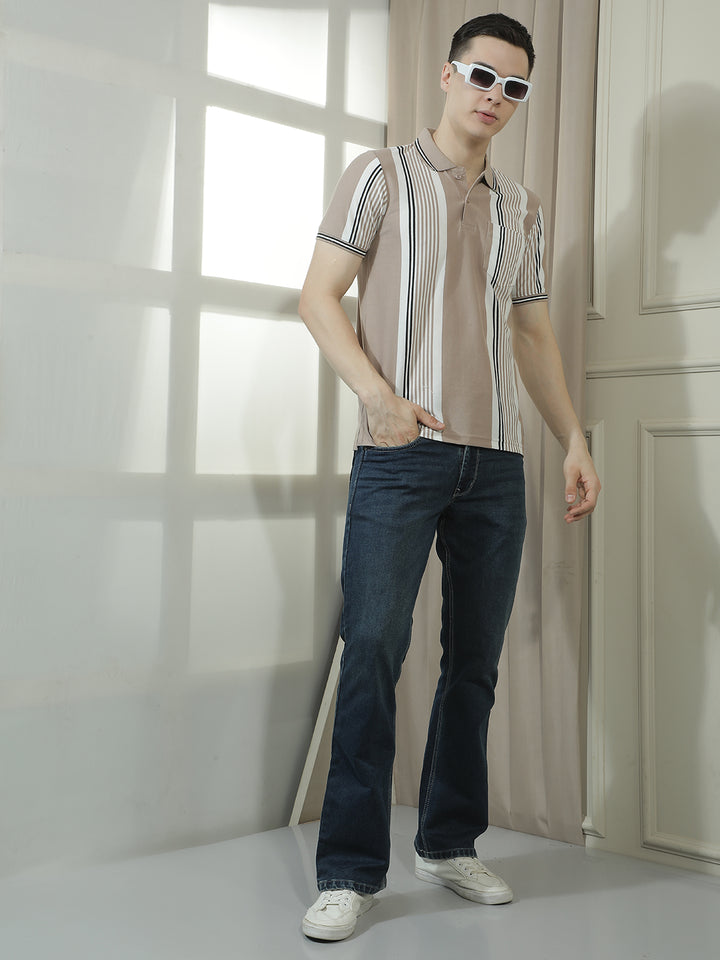 COBB BEIGE STRIPED POLO NECK T-SHIRT