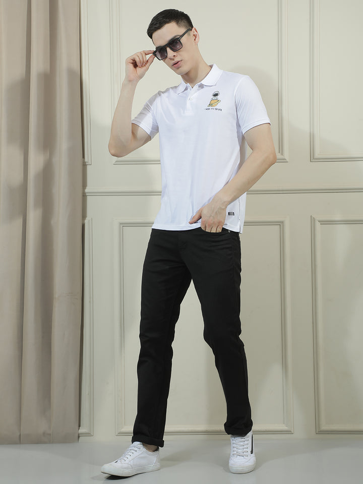 COBB WHITE PRINTED POLO NECK T-SHIRT