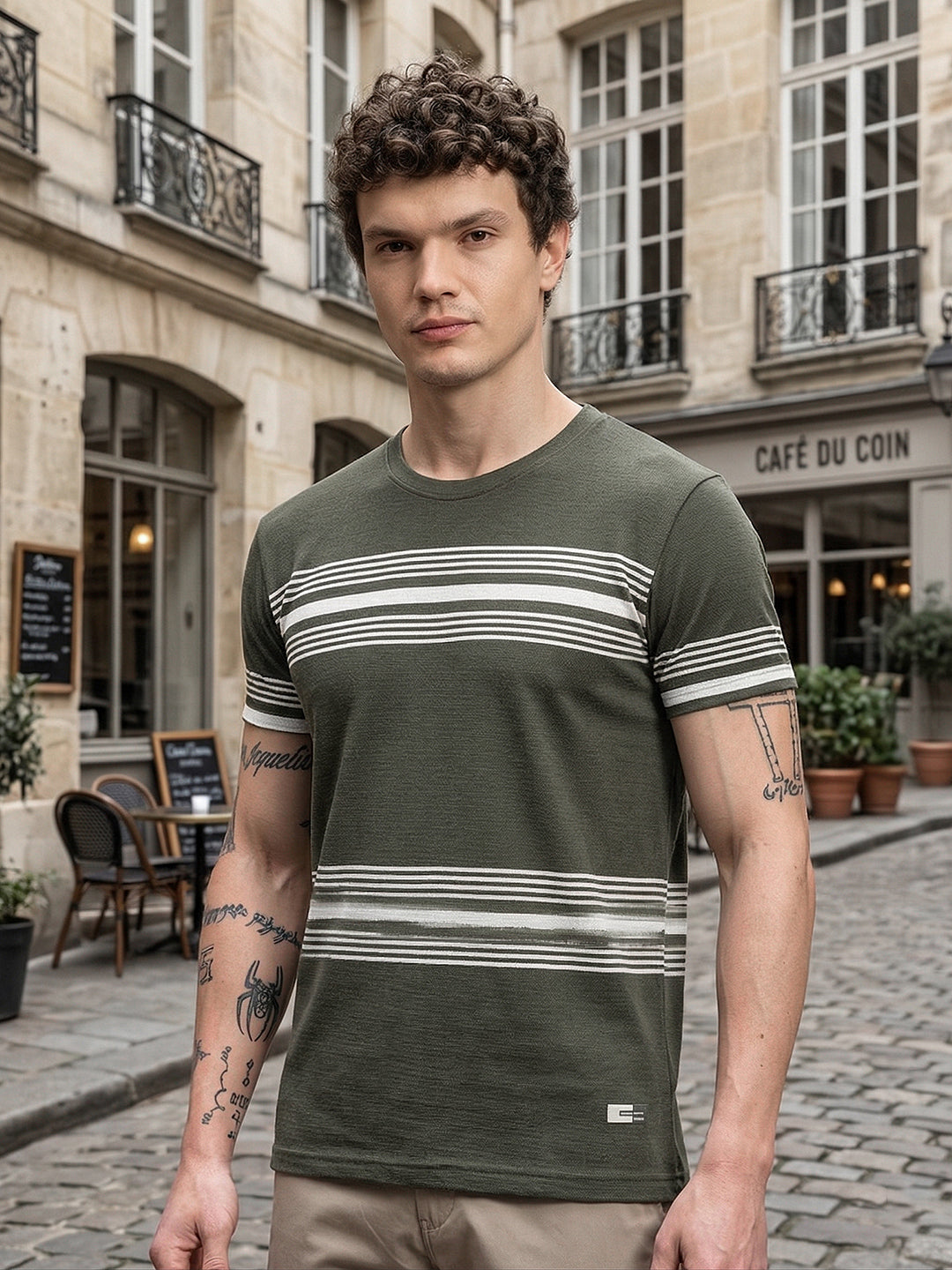 cobb olive striped round neck t-shirt