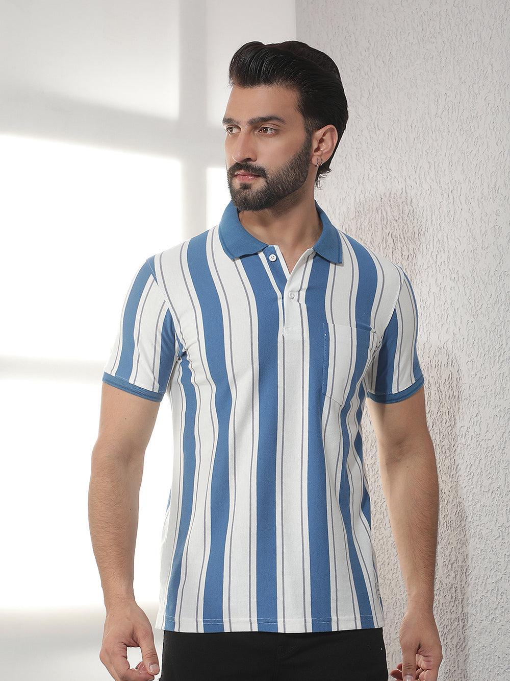 cobb sky blue striped polo neck t-shirt