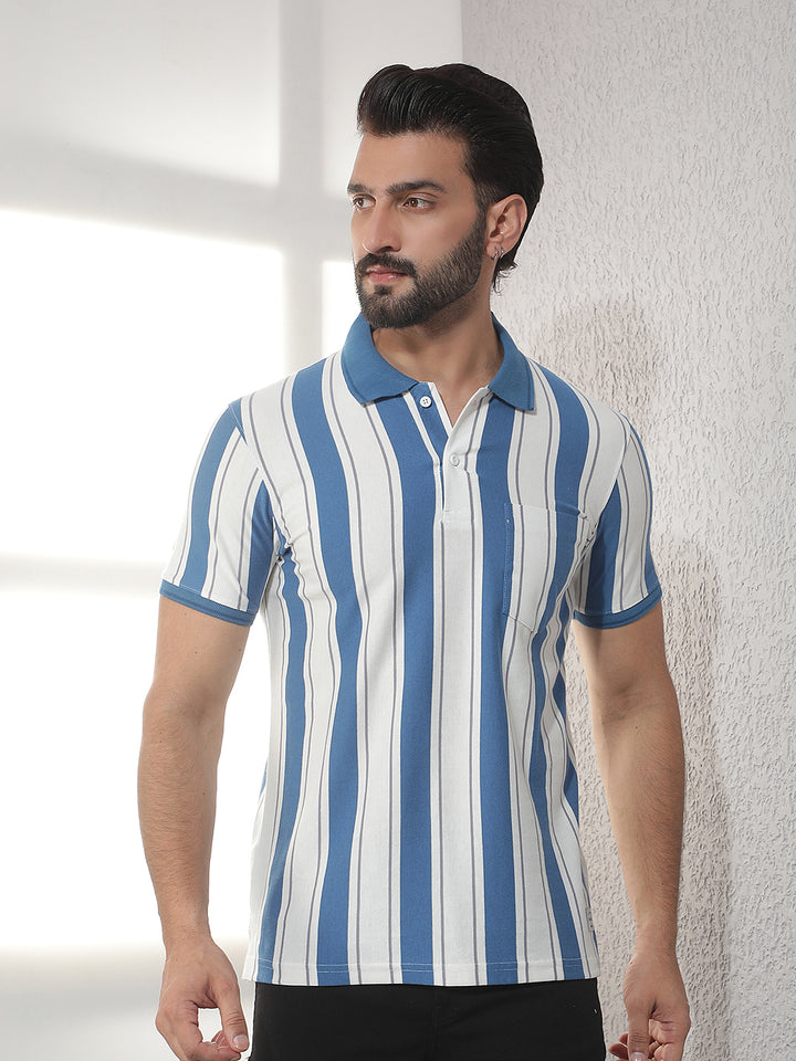cobb sky blue striped polo neck t-shirt