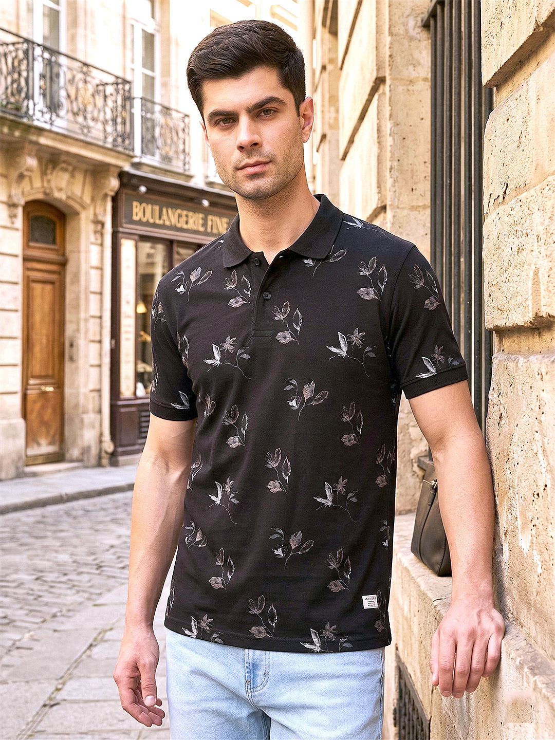 cobb black printed polo neck t-shirt