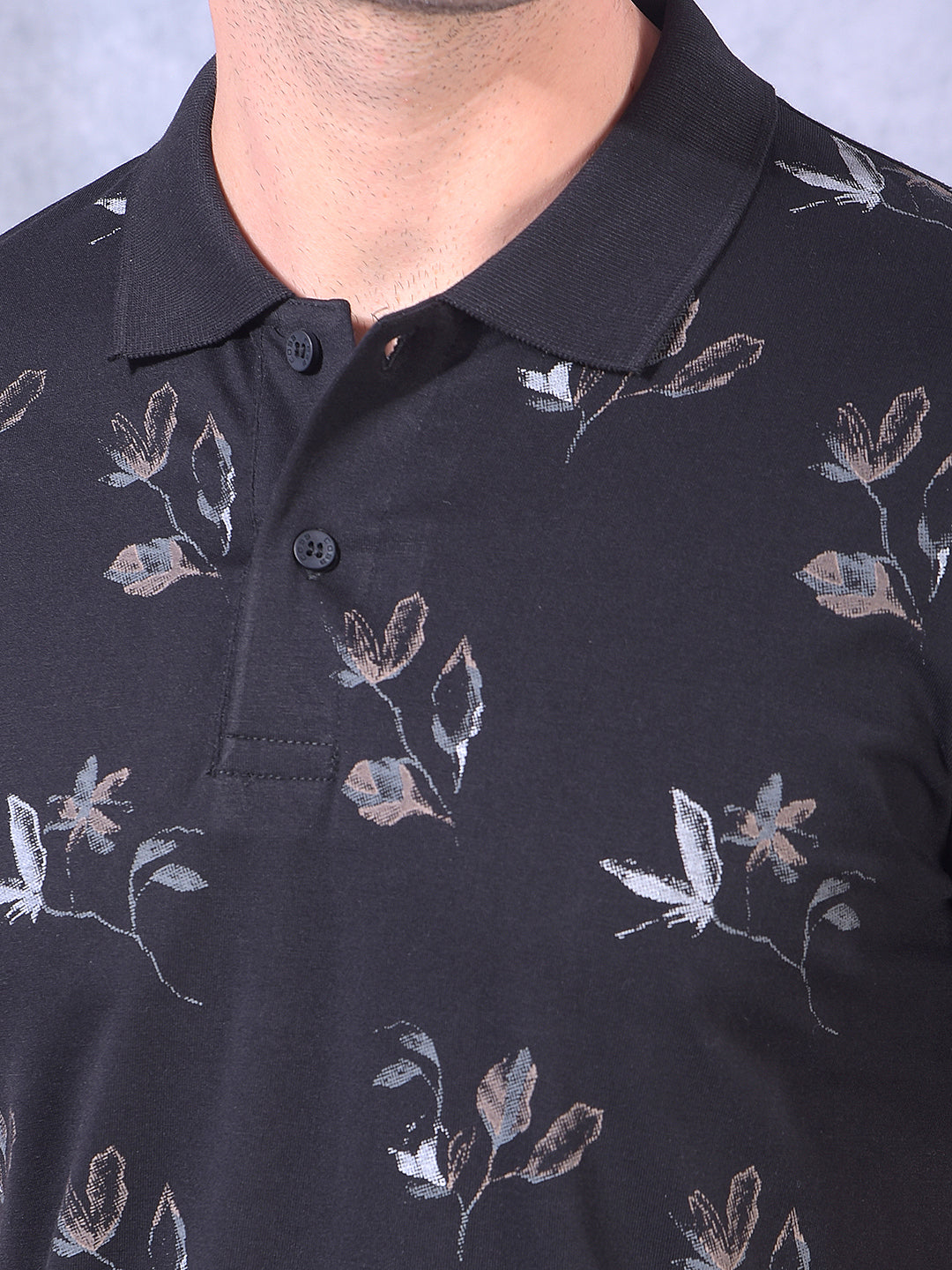 COBB BLACK PRINTED POLO NECK T-SHIRT