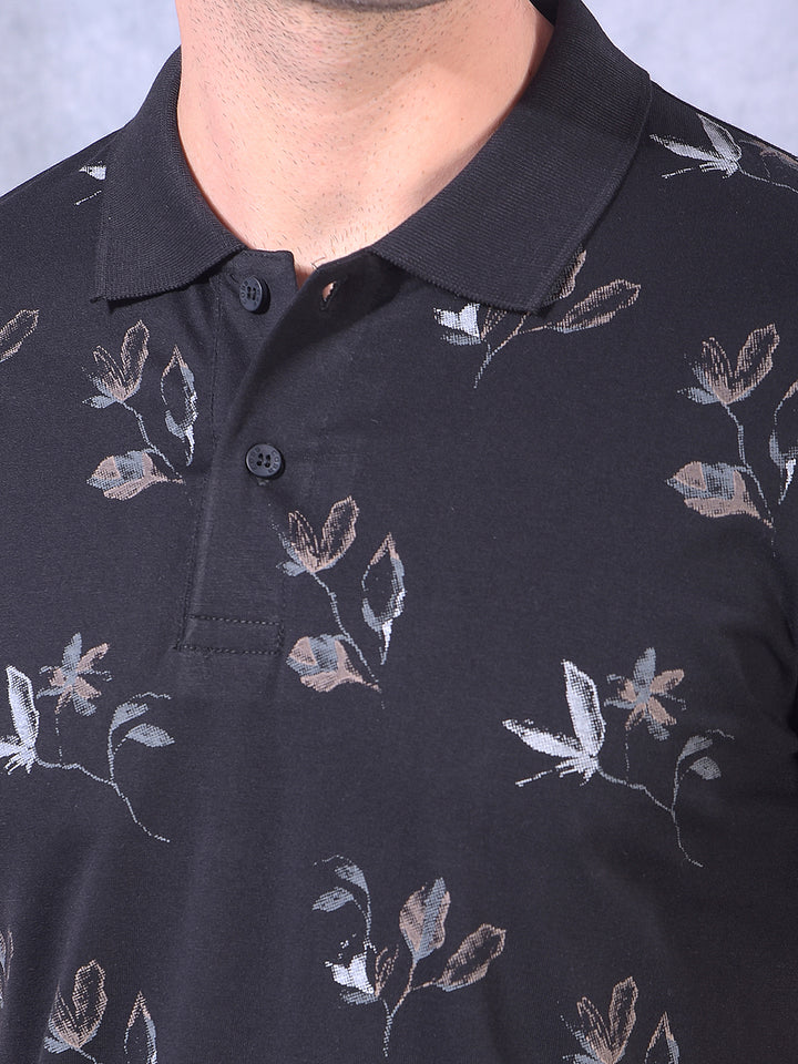 COBB BLACK PRINTED POLO NECK T-SHIRT