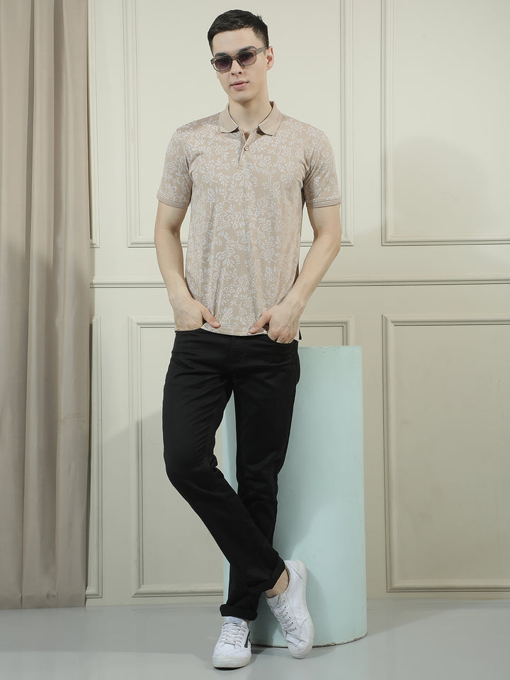 COBB BEIGE PRINTED POLO NECK T-SHIRT