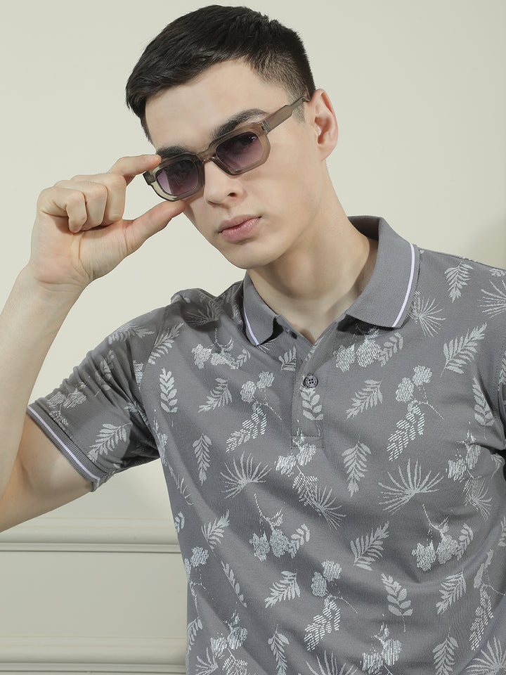 cobb grey printed polo neck t-shirt