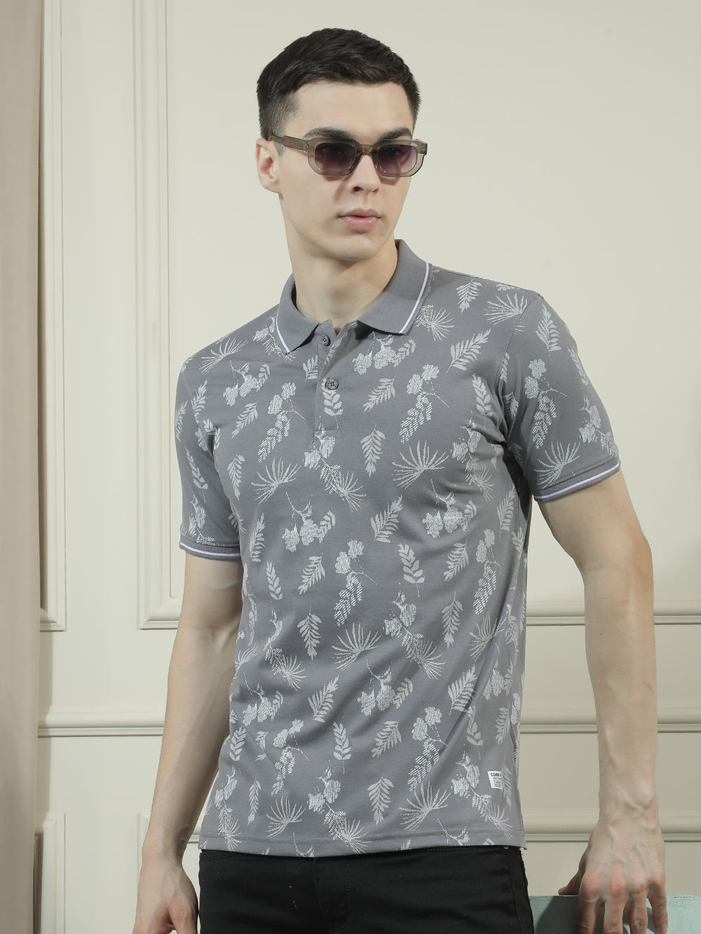 cobb grey printed polo neck t-shirt
