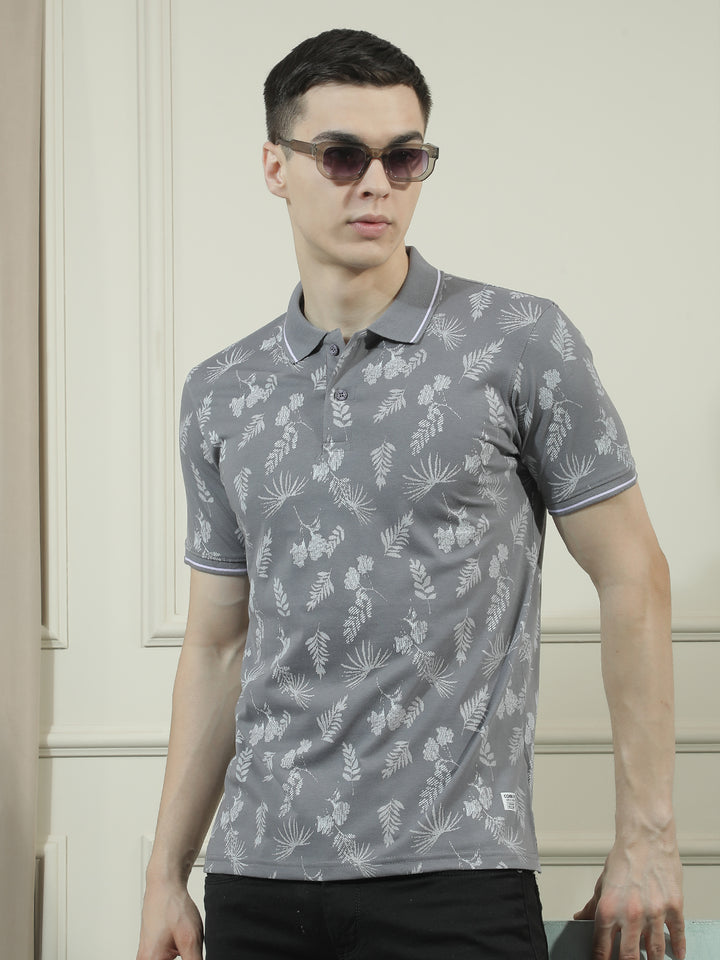 cobb grey printed polo neck t-shirt