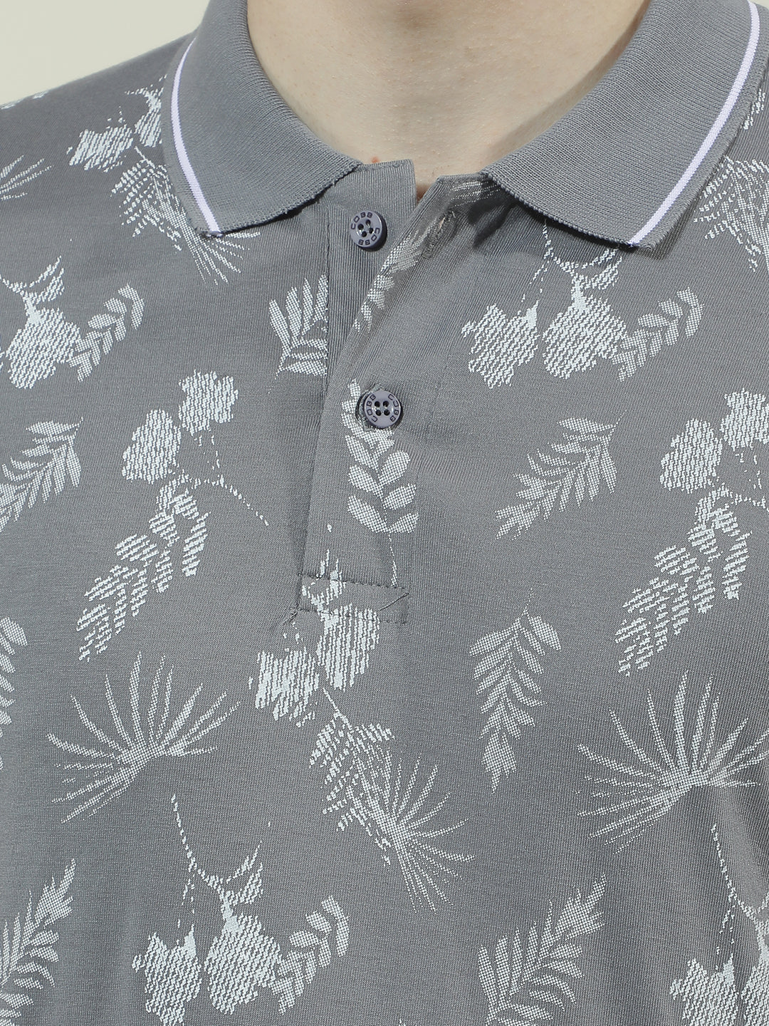 COBB GREY PRINTED POLO NECK T-SHIRT
