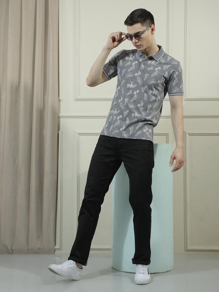 COBB GREY PRINTED POLO NECK T-SHIRT