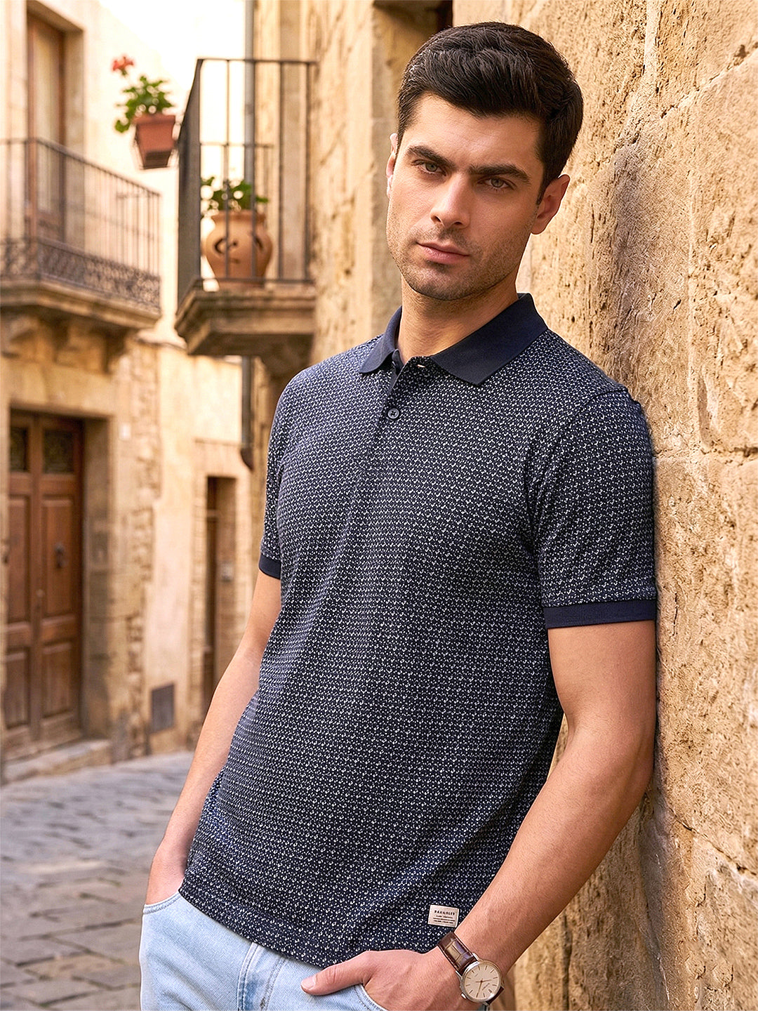 cobb navy blue printed polo neck t-shirt